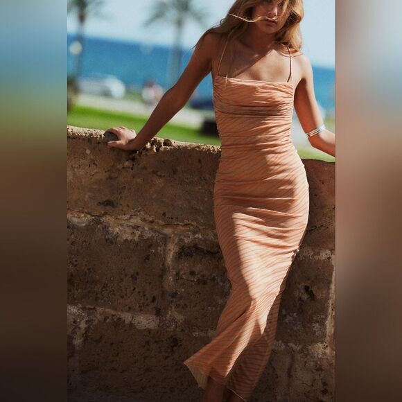 NWT ZARA STRAPLESS FLORALβDRESS Orange - Picture 14 of 16